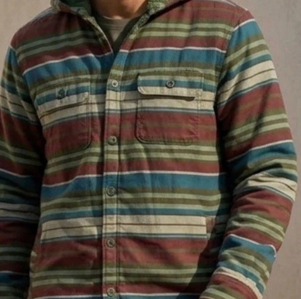 LL Bean Fleece Lined Hoodie Shirt Jacket SMALLStriped Button Up Long Sleeve